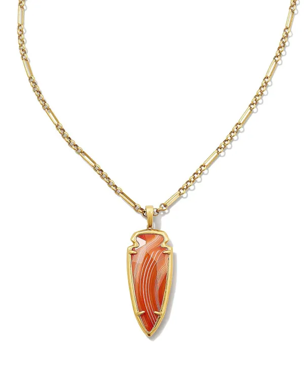 Skylar Vintage Gold Small Long Pendant In Orange Banded Agate^Kendra Scott Sale